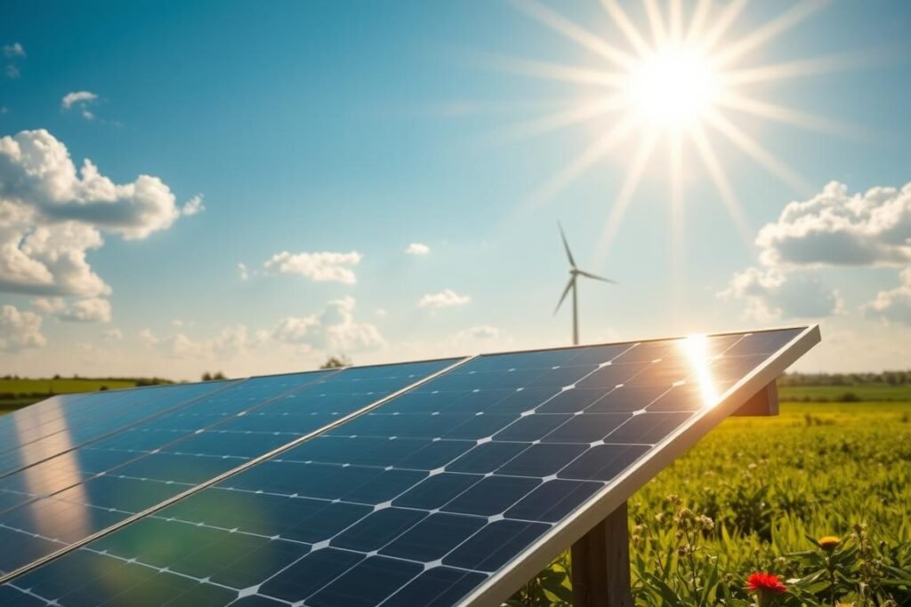 A radiant sun casting golden rays over a vibrant landscape, symbolizing solar energy. In the foreground, a sleek, modern solar panel reflects sunlight, glistening against a backdrop of lush green fields and blooming flowers. In the middle, a clear blue sky with fluffy white clouds enhances the scene, while a distant wind turbine can be faintly seen, representing renewable energy synergy. The atmosphere is warm and inviting, evoking feelings of hope and sustainability. The lighting is bright and natural, emphasizing the sun's powerful energy, captured from a slightly elevated angle to showcase the solar panel's efficiency against the landscape's beauty. A radiant sun casting golden rays over a vibrant landscape, symbolizing solar energy. In the foreground, a sleek, modern solar panel reflects sunlight, glistening against a backdrop of lush green fields and blooming flowers. In the middle, a clear blue sky with fluffy white clouds enhances the scene, while a distant wind turbine can be faintly seen, representing renewable energy synergy. The atmosphere is warm and inviting, evoking feelings of hope and sustainability. The lighting is bright and natural, emphasizing the sun's powerful energy, captured from a slightly elevated angle to showcase the solar panel's efficiency against the landscape's beauty.