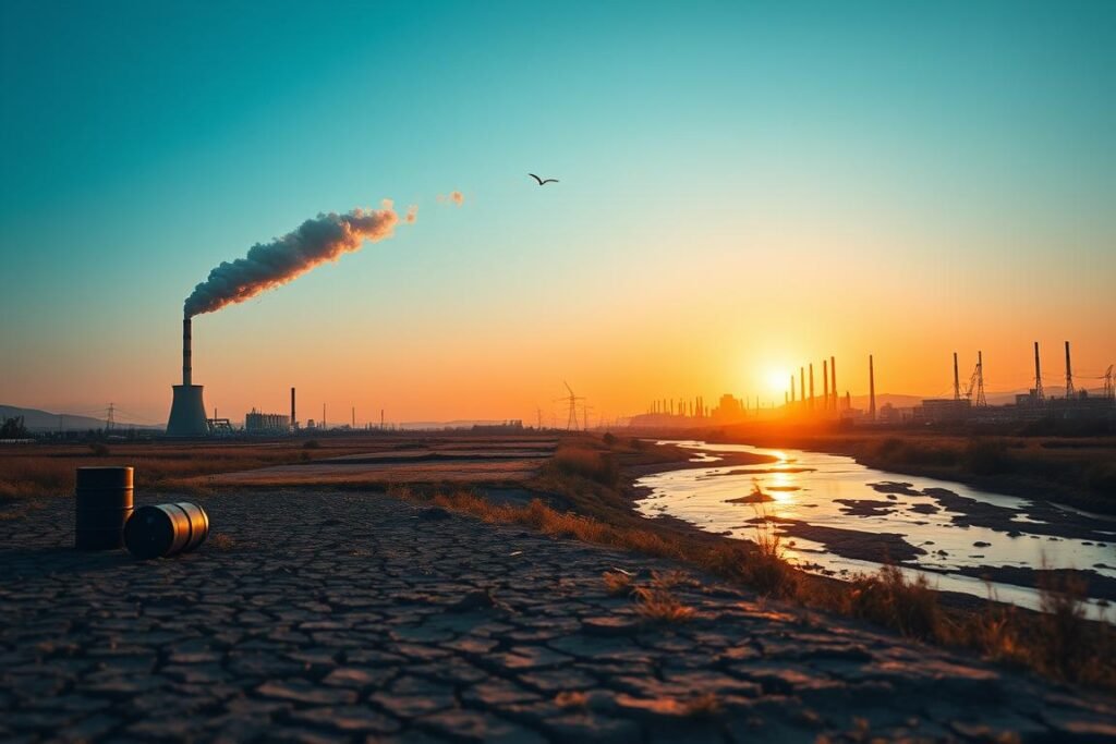 A striking landscape depicting the environmental impact of non-renewable energy sources. In the foreground, a power plant emits dark smoke into a clear blue sky, highlighting pollution. To the left, a barren field with cracked soil, surrounded by discarded oil barrels, symbolizes ecological degradation. In the middle ground, a river is visibly tainted with industrial waste, flowing toward a dystopian cityscape with towering buildings and dim lights. The background features a sunset, casting an orange hue over the scene to evoke a sense of urgency and decline. The atmosphere is somber, creating a mood of concern and reflection. Use dramatic lighting to emphasize the contrast between the polluted environment and the faint beauty of nature. The image should have a slightly blurred background to enhance depth and focus on the foreground elements. A striking landscape depicting the environmental impact of non-renewable energy sources. In the foreground, a power plant emits dark smoke into a clear blue sky, highlighting pollution. To the left, a barren field with cracked soil, surrounded by discarded oil barrels, symbolizes ecological degradation. In the middle ground, a river is visibly tainted with industrial waste, flowing toward a dystopian cityscape with towering buildings and dim lights. The background features a sunset, casting an orange hue over the scene to evoke a sense of urgency and decline. The atmosphere is somber, creating a mood of concern and reflection. Use dramatic lighting to emphasize the contrast between the polluted environment and the faint beauty of nature. The image should have a slightly blurred background to enhance depth and focus on the foreground elements.