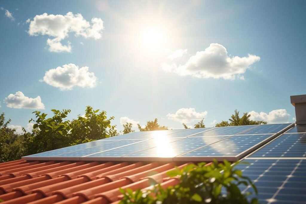 A vibrant and informative scene illustrating the benefits of solar energy for sustainability. Foreground features a gleaming solar panel array on a sunny rooftop, capturing sunlight, with a gentle lens flare for a warm, inviting atmosphere. In the middle ground, lush green plants and trees symbolize nature thriving alongside technology, showcasing eco-friendliness. The background displays a clear blue sky dotted with fluffy white clouds, enhancing the feeling of a clean environment. Soft lighting emphasizes the radiant sun, evoking a sense of hope and progress. The overall mood is optimistic and inspiring, suggesting a harmonious balance between innovation and nature. No human figures are present in this scene, focusing solely on the renewable energy theme. A vibrant and informative scene illustrating the benefits of solar energy for sustainability. Foreground features a gleaming solar panel array on a sunny rooftop, capturing sunlight, with a gentle lens flare for a warm, inviting atmosphere. In the middle ground, lush green plants and trees symbolize nature thriving alongside technology, showcasing eco-friendliness. The background displays a clear blue sky dotted with fluffy white clouds, enhancing the feeling of a clean environment. Soft lighting emphasizes the radiant sun, evoking a sense of hope and progress. The overall mood is optimistic and inspiring, suggesting a harmonious balance between innovation and nature. No human figures are present in this scene, focusing solely on the renewable energy theme.