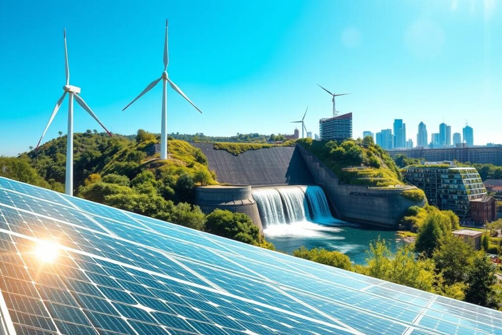 A vibrant depiction of energy sources and sustainable energy practices. In the foreground, a solar panel array receives sunlight, glistening under a clear blue sky, while a wind turbine stands tall, gently rotating in the wind. In the middle ground, a hydroelectric dam reflects the natural landscape, with flowing water cascading down its structure. Lush greenery surrounds the area, symbolizing environmental harmony. In the background, a city skyline can be seen, with buildings integrated with green roofs and vertical gardens, emphasizing sustainability. The atmosphere is bright and optimistic, with soft, natural lighting illuminating the scene to create a sense of hope and innovation in renewable energy sources. The image should be wide-angle to capture the full scope of this harmonious blend of nature and technology. A vibrant depiction of energy sources and sustainable energy practices. In the foreground, a solar panel array receives sunlight, glistening under a clear blue sky, while a wind turbine stands tall, gently rotating in the wind. In the middle ground, a hydroelectric dam reflects the natural landscape, with flowing water cascading down its structure. Lush greenery surrounds the area, symbolizing environmental harmony. In the background, a city skyline can be seen, with buildings integrated with green roofs and vertical gardens, emphasizing sustainability. The atmosphere is bright and optimistic, with soft, natural lighting illuminating the scene to create a sense of hope and innovation in renewable energy sources. The image should be wide-angle to capture the full scope of this harmonious blend of nature and technology.