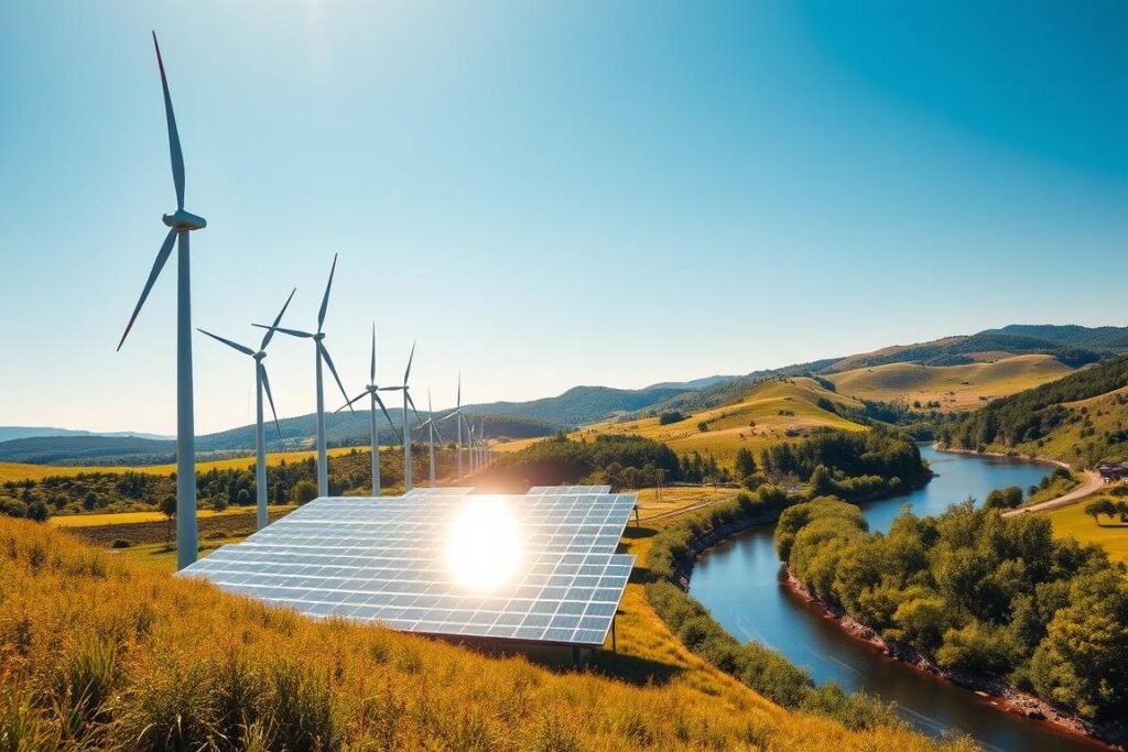 A vibrant landscape showcasing renewable energy sources. In the foreground, a row of sleek, modern wind turbines stands tall against a clear blue sky, their blades turning gently. In the middle ground, large solar panels gleam under bright sunlight, reflecting the scene's optimism. To the right, a serene river winds its way through lush greenery, symbolizing hydroelectric power. The background features rolling hills, dotted with trees, providing an idyllic setting. Soft, warm light bathes the entire scene, creating a hopeful and inspiring atmosphere. The image should have a slightly elevated perspective to capture the breadth of the energy sources while maintaining an emphasis on innovation and sustainability. A vibrant landscape showcasing renewable energy sources. In the foreground, a row of sleek, modern wind turbines stands tall against a clear blue sky, their blades turning gently. In the middle ground, large solar panels gleam under bright sunlight, reflecting the scene's optimism. To the right, a serene river winds its way through lush greenery, symbolizing hydroelectric power. The background features rolling hills, dotted with trees, providing an idyllic setting. Soft, warm light bathes the entire scene, creating a hopeful and inspiring atmosphere. The image should have a slightly elevated perspective to capture the breadth of the energy sources while maintaining an emphasis on innovation and sustainability.