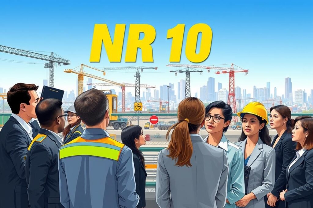 A visually striking illustration depicting the key characteristics of NR 10 in workplace safety. Foreground: a diverse group of professionals in business attire, including men and women, engaged in a safety training session, attentively observing a demonstration of electrical safety measures. Middle: a construction site backdrop showcasing electrical equipment and safety gear, with visible safety signs emphasizing protective protocols. Background: a clear blue sky above a bustling urban environment, symbolizing progress and safety measures in modern workplaces. Lighting should be bright and natural, with a focus on illuminating the faces of the trainees. The mood conveys a sense of professionalism, urgency, and the importance of safety in the work environment. The composition should be dynamic yet organized, leading the viewer's eye through the scene without any text or distractions. A visually striking illustration depicting the key characteristics of NR 10 in workplace safety. Foreground: a diverse group of professionals in business attire, including men and women, engaged in a safety training session, attentively observing a demonstration of electrical safety measures. Middle: a construction site backdrop showcasing electrical equipment and safety gear, with visible safety signs emphasizing protective protocols. Background: a clear blue sky above a bustling urban environment, symbolizing progress and safety measures in modern workplaces. Lighting should be bright and natural, with a focus on illuminating the faces of the trainees. The mood conveys a sense of professionalism, urgency, and the importance of safety in the work environment. The composition should be dynamic yet organized, leading the viewer's eye through the scene without any text or distractions.