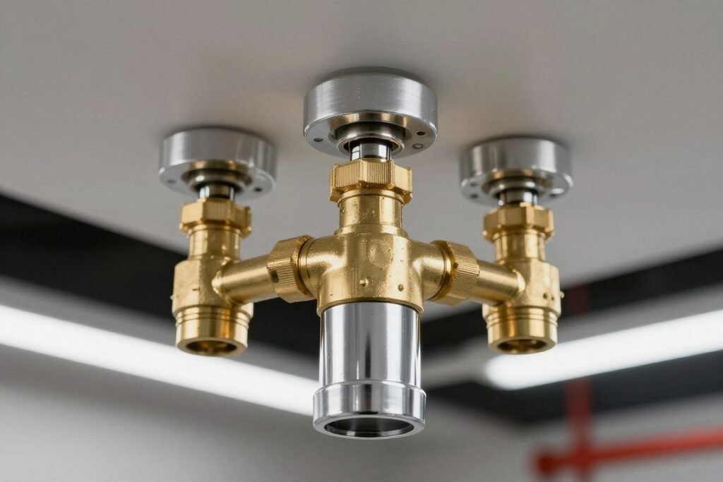 Sprinklers automáticos modernos instalados em edifício durante retrofit