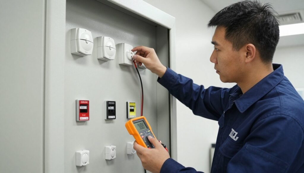 Técnico realizando manutenção preventiva em sistema de incêndio